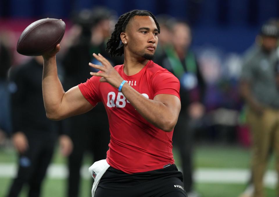 Ohio State QB C.J. Stroud throws at the NFL scouting combine.