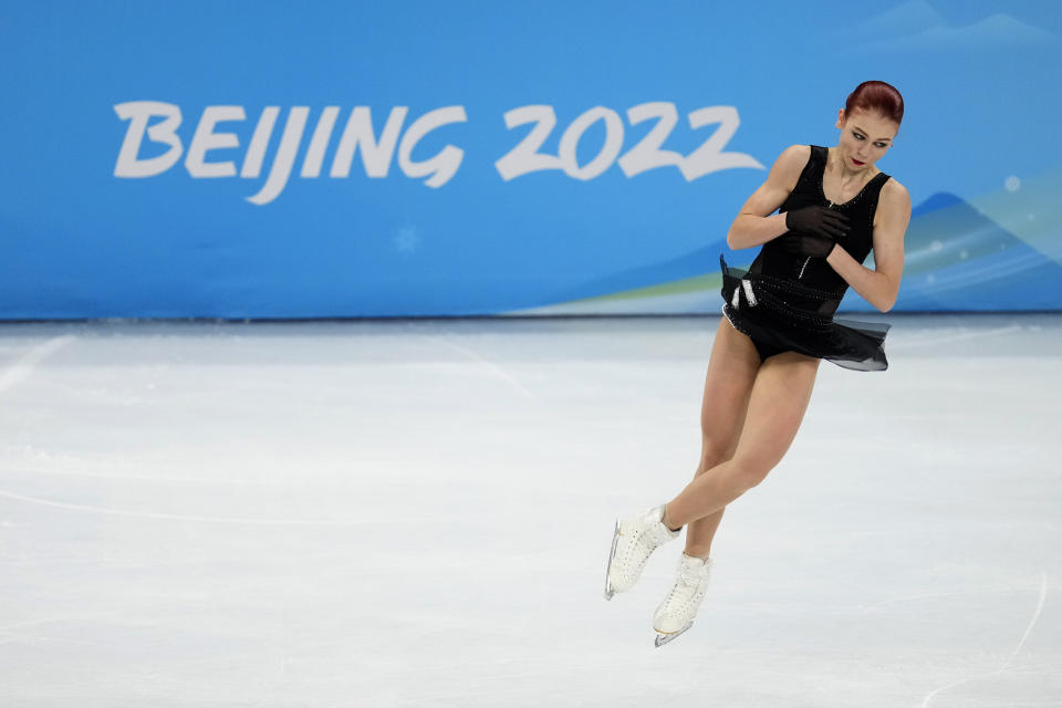 Alexandra Trusova, of the Russian Olympic Committee, competes in the women's free skate program during the figure skating competition at the 2022 Winter Olympics, Thursday, Feb. 17, 2022, in Beijing. (AP Photo/Natacha Pisarenko)