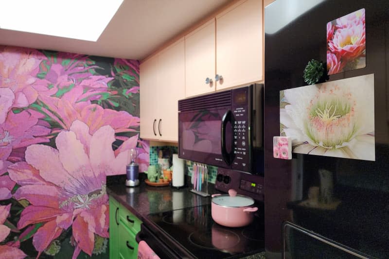 Pink and green cactus themed kitchen.