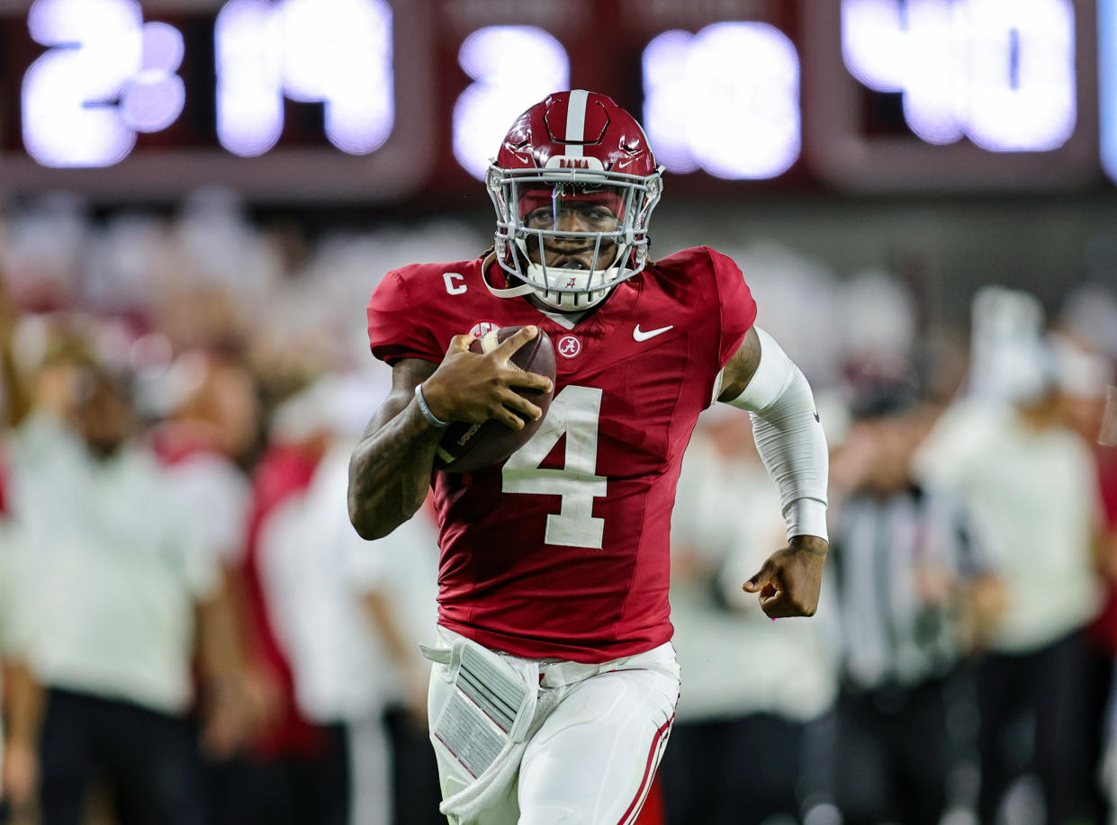 How will Jalen Milroe and the Crimson Tide handle the road atmosphere at Camp Randall Stadium? (Brandon Sumrall/Getty Images)