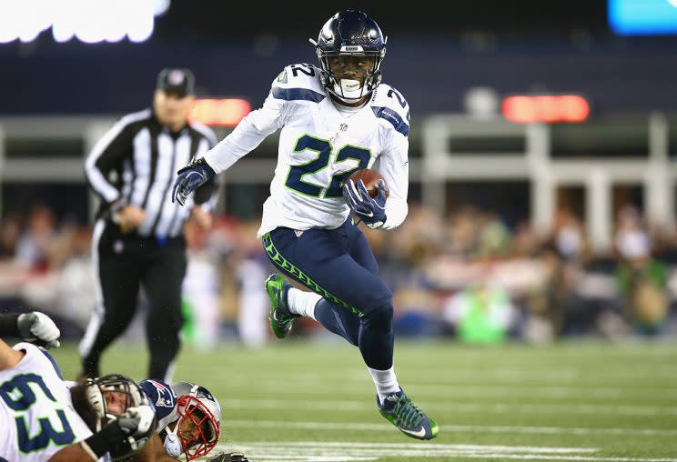 C.J. Prosise, leaving a trail of missed tackles. (Photo by Adam Glanzman/Getty Images)