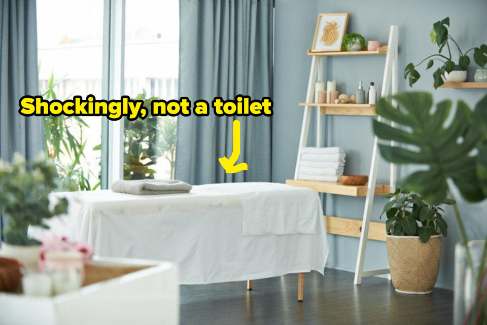 A massage table with text that reads, "Shockingly, not a toilet."