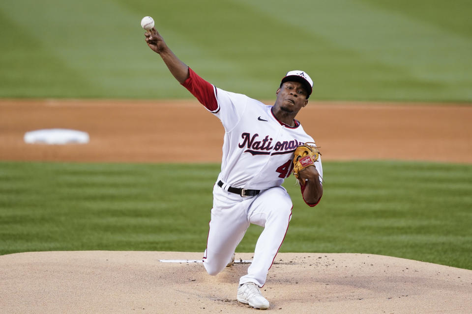 Washington Nationals starting pitcher Josiah Gray throws during the first inning of a baseball game against the New York Mets at Nationals Park, Friday, April 8, 2022, in Washington. (AP Photo/Alex Brandon)