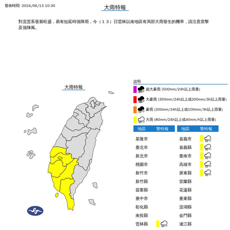 氣象署持續在10:30發布大雨特報。（圖／翻攝自氣象署）