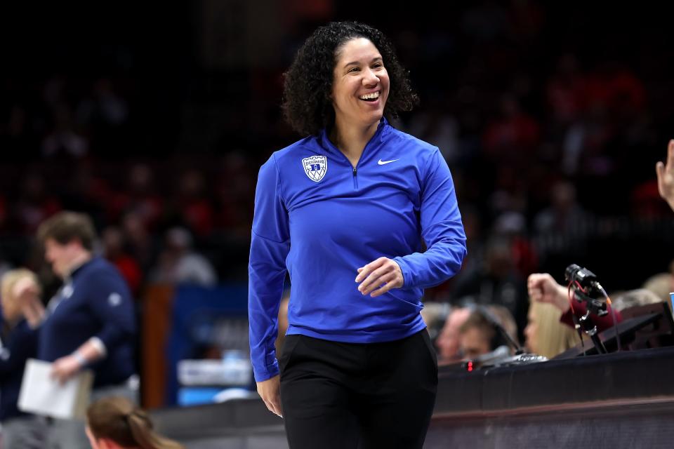 COLUMBUS, OHIO - MARCH 22: Head coach Kara Lawson of the Duke Blue Devils reacts after one of her players was called for a foul during the first quarter of the NCAA Women's Basketball Tournament First Round game against the Richmond Spiders at the Jerome Schottenstein Center on March 22, 2024 in Columbus, Ohio. (Photo by Kirk Irwin/Getty Images) ORG XMIT: 776122525 ORIG FILE ID: 2097707091