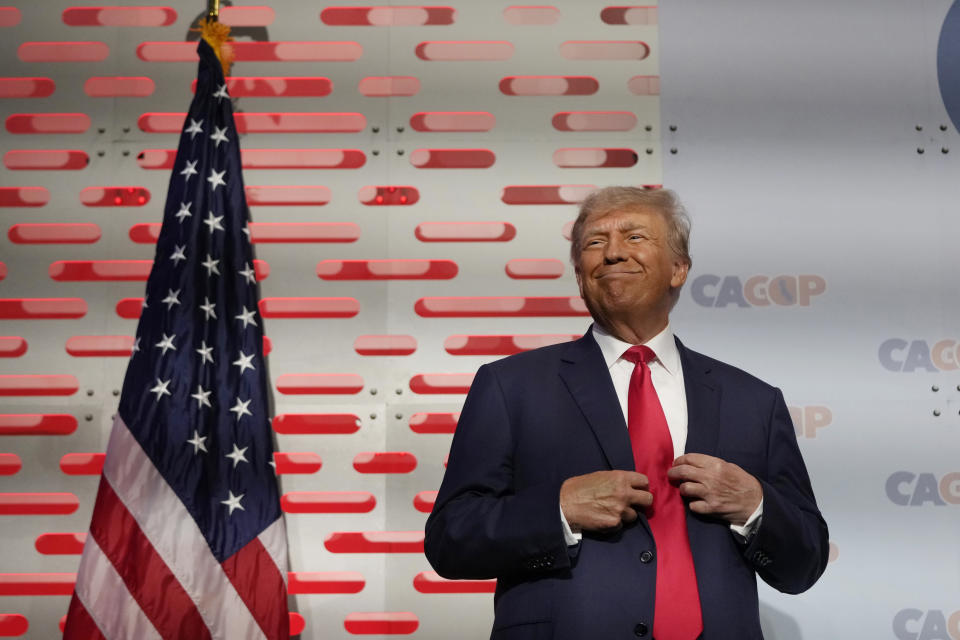 Former President Donald Trump smiles before his speech at the California Republican Party Convention Friday, Sept. 29, 2023, in Anaheim, Calif. (AP Photo/Jae C. Hong)