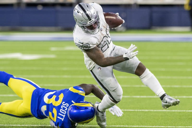 Las Vegas Raiders running back Josh Jacobs is outside of the Top 14 in my Week 8 rankings. File Photo by Mike Goulding/UPI