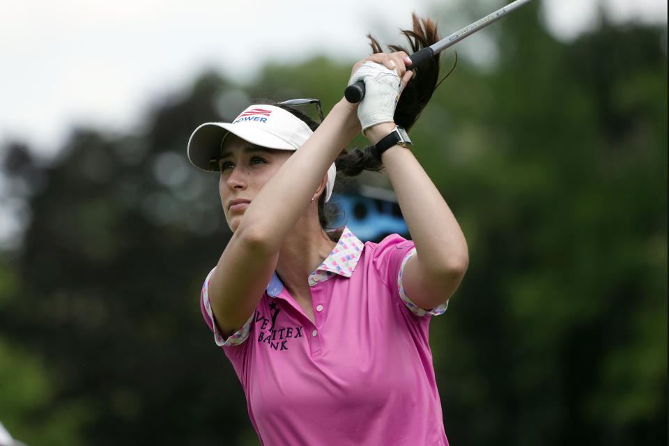 Cheyenne Knight drives on the 11th tee during the third round of the Dow Great Lakes Bay Invitational golf tournament at Midland Country Club, Friday, July 21, 2023, in Midland, Mich. (AP Photo/Carlos Osorio)