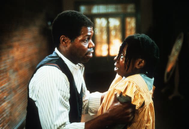 Danny Glover grabs Whoopi Goldberg in a scene from the 1985 film 