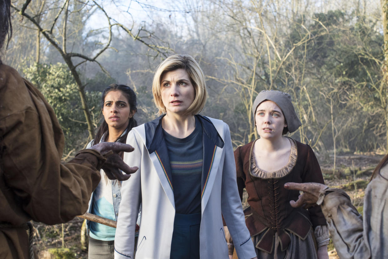 Mandip Gill, Jodie Whittaker and Tilly Steele in Doctor Who: The Witchfinders (BBC)