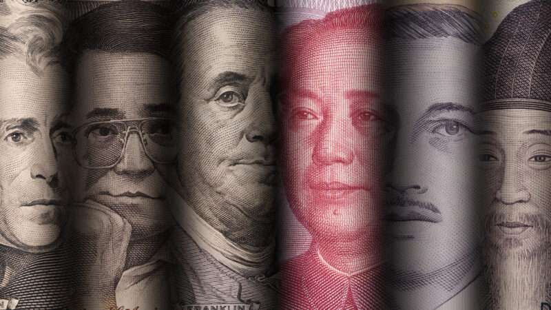 The faces of various historical world leaders as depicted on their respective countries' currency—including the dollar, yuan, baht, won, and piso—all in a row.