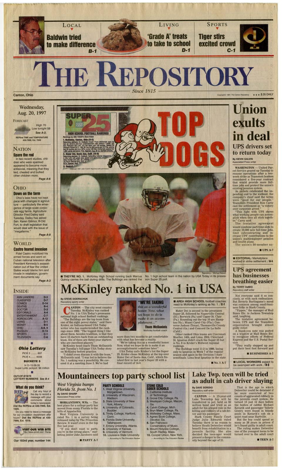 The front page of The Repository announcing the McKinley football team as the preseason No. 1 team in the nation by the USA Today in 1997. The Bulldogs maintained that ranking throughout an unbeaten season in winning the Division I state title