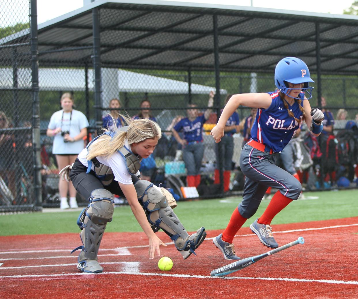 Poland's Amelia Guarascio's bunt  is fielded by Friendship/Scio's Morghyn Ross during the New York State Softball Championship semifinal on June 9, 2023. 