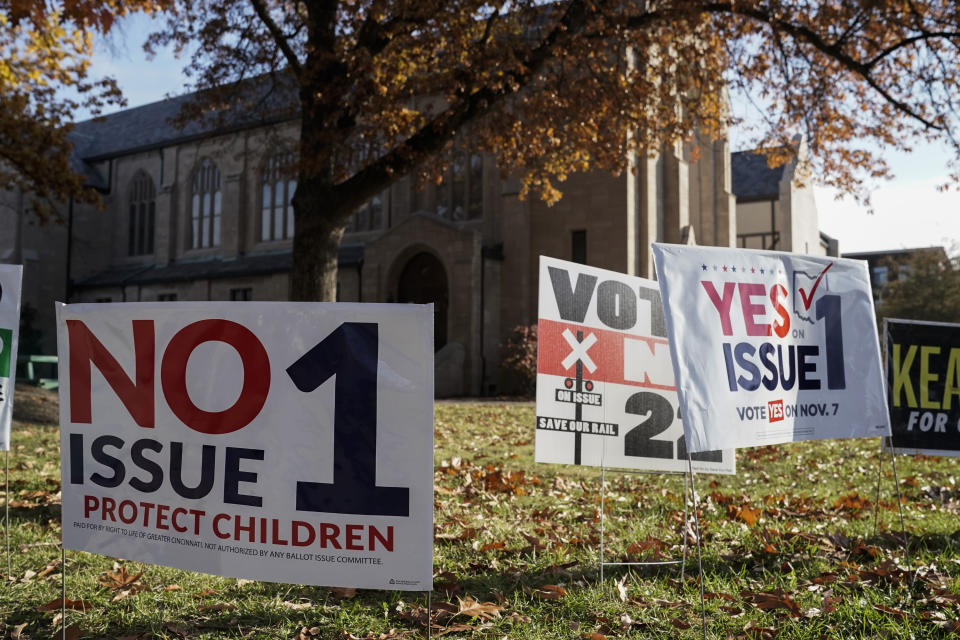 FILE - Issue 1 signs sit outside Knox Presbyterian Church on Election Day, Tuesday, Nov. 7, 2023, in Cincinnati. Issue 1 specifically declares an individual's right to "make and carry out one's own reproductive decisions," including abortion. Anti-abortion leaders know that their side has a seven-state losing streak in votes on abortion-related ballot measures. Even in red states such as Ohio, Kansas and Kentucky, the outcomes favored keeping abortion access legal. (AP Photo/Joshua A. Bickel, File)