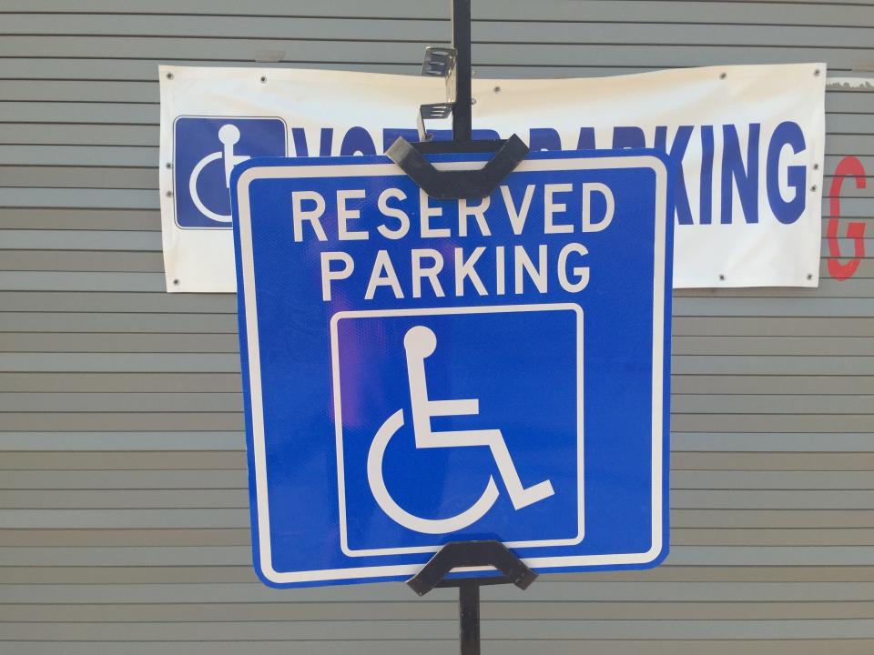 A sign at the Eddy County Sub-Office in Artesia reminds people of handicap parking before the June 7 New Mexico Primary.