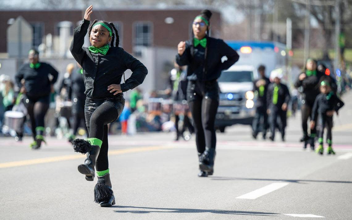 Members of KC Fusion, a drill team from Kansas City, danced along Johnson Drive during the annual Shawnee St. Patrick’s Day Parade on Sunday, March 10, 2024, in Shawnee.