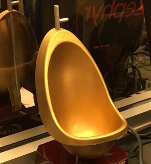 Behold the Golden Urinal trophy, which is awarded to the best hydrated player on the San Francisco Giants. (Daniel Brown/San Jose Mercury News)