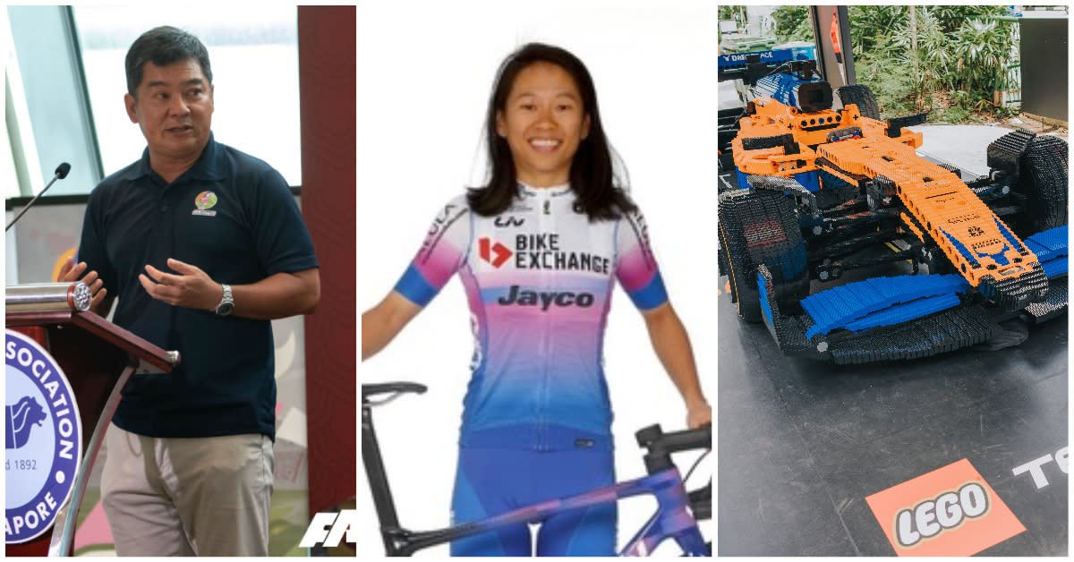 (From left) FAS acting president Bernard Tang, Singapore rider Chelsie Tan, and the Lego McLaren Formula 1 car display. (PHOTOS: FAS/SCF/The Lego Group)