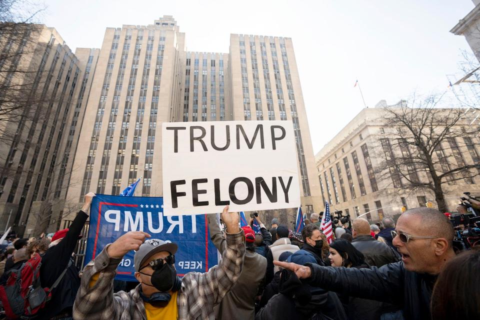 April 4, 2023; New York, NY, USA; Protestors outside of Manhattan Criminal Courthouse on Tuesday, April 4, 2023.