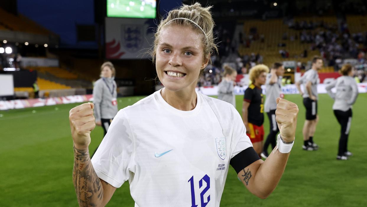  Rachel Daly of England celebrates their side's win after the final whistle ahead of the 2023 Women's World Cup. 