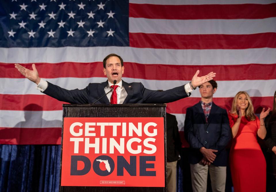 Florida Sen. Marco Rubio and family celebrate his victory over Rep. Val Demings in Miami on Nov. 8, 2022.