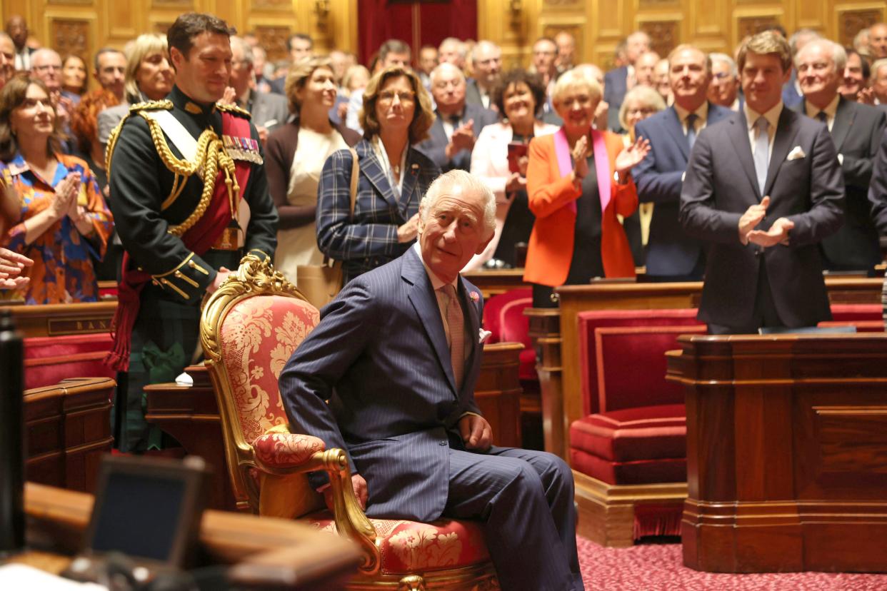 King Charles III takes his seat during his historic visit as the only British monarch to speak from the French senate chamber (Ian Vogler/Daily Mirror/PA Wire)