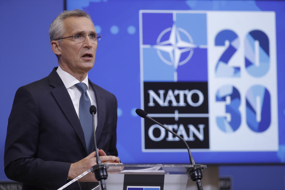 NATO Secretary General Jens Stoltenberg speaks during a press briefing ahead to an online NATO Foreign and Defense Ministers' meeting at the NATO headquarters in Brussels, Monday, May 31, 2021. (Olivier Hoslet/Pool Photo via AP)