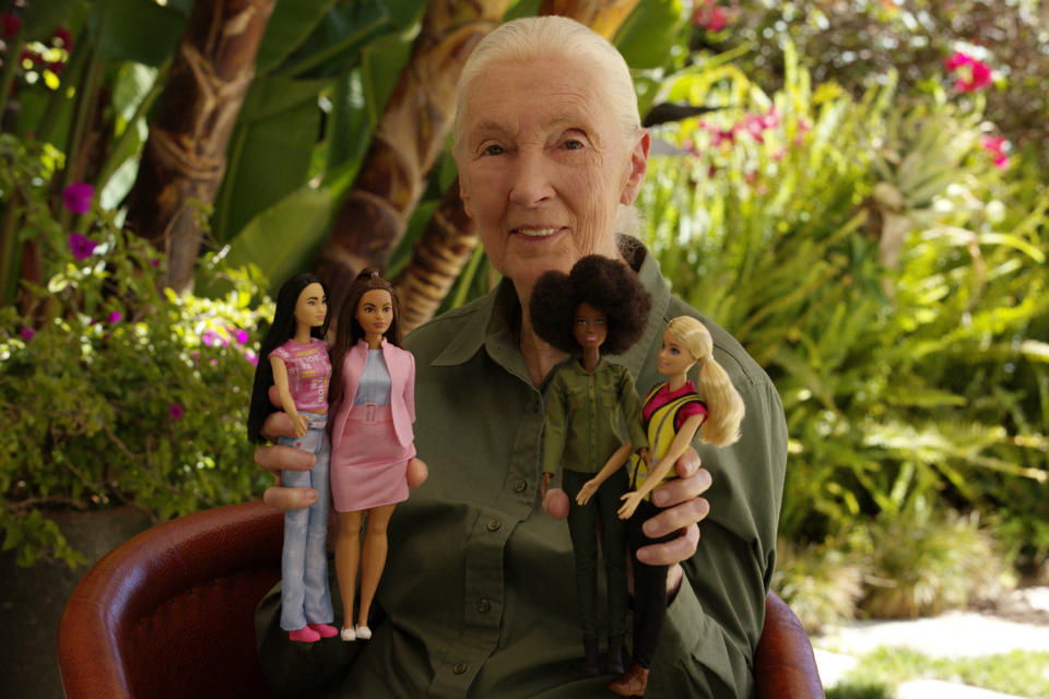 Goodall with the 2022 Career of the Year Eco-Leadership Team Barbie dolls. (Photo: Mattel)