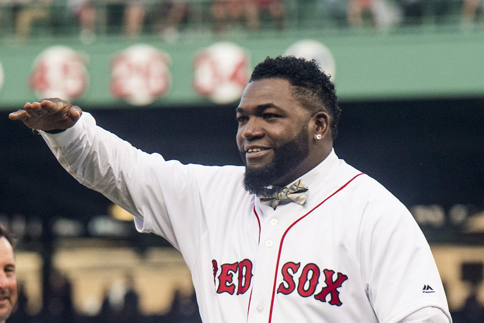 BOSTON, MA - JUNE 23: Former Boston Red Sox designated hitter David Ortiz reacts during a ceremony for the retirement of his jersey number before a game against the Los Angeles Angels of Anaheim on June 23, 2017 at Fenway Park in Boston, Massachusetts. (Photo by Billie Weiss/Boston Red Sox/Getty Images)