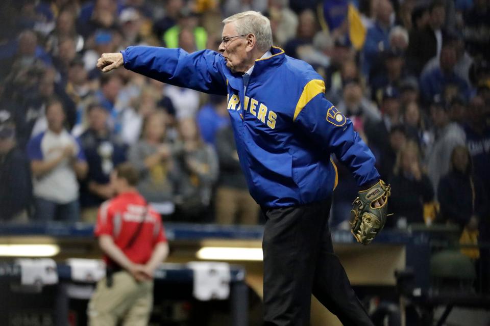 Former Brewers owner and MLB commissioner emeritus Bud Selig throws out the first pitch.