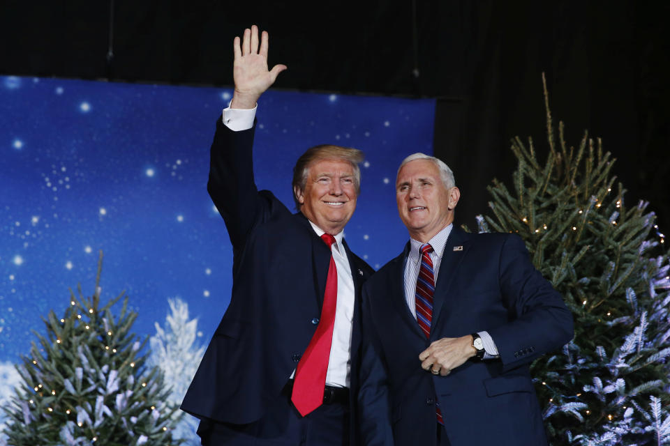 Vice President-elect Mike Pence (R) introduces President-elect Donald Trump during a USA Thank You Tour event in Orlando, Florida, on&nbsp;Dec. 16, 2016.