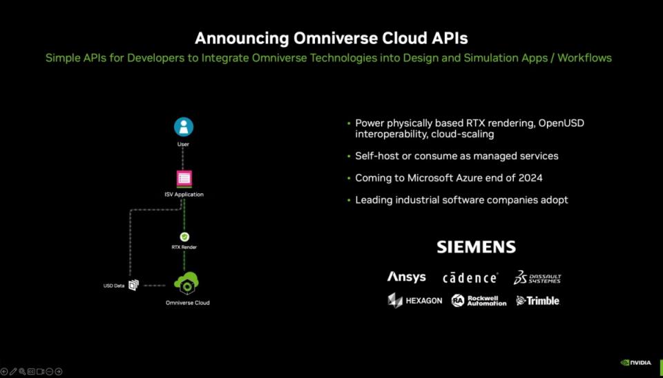 ▲包含Ansys、Cadence、達梭系統、Hexagon、微軟、洛克威爾自動化公司、西門子與Trimble等業者，都開始透過Omniverse Cloud API整合NVIDIA數位孿生平台運算資源，並且透過模擬真實物理場景方式建構3D互動場景，或是用於驗證旗下產品