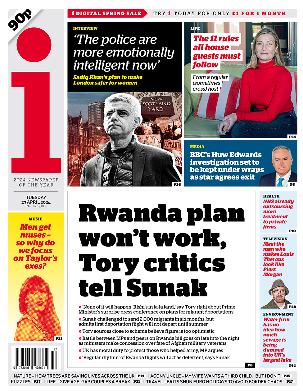 The headline in the i reads: "Rwanda plan won't work, Tory critics tell Sunak".