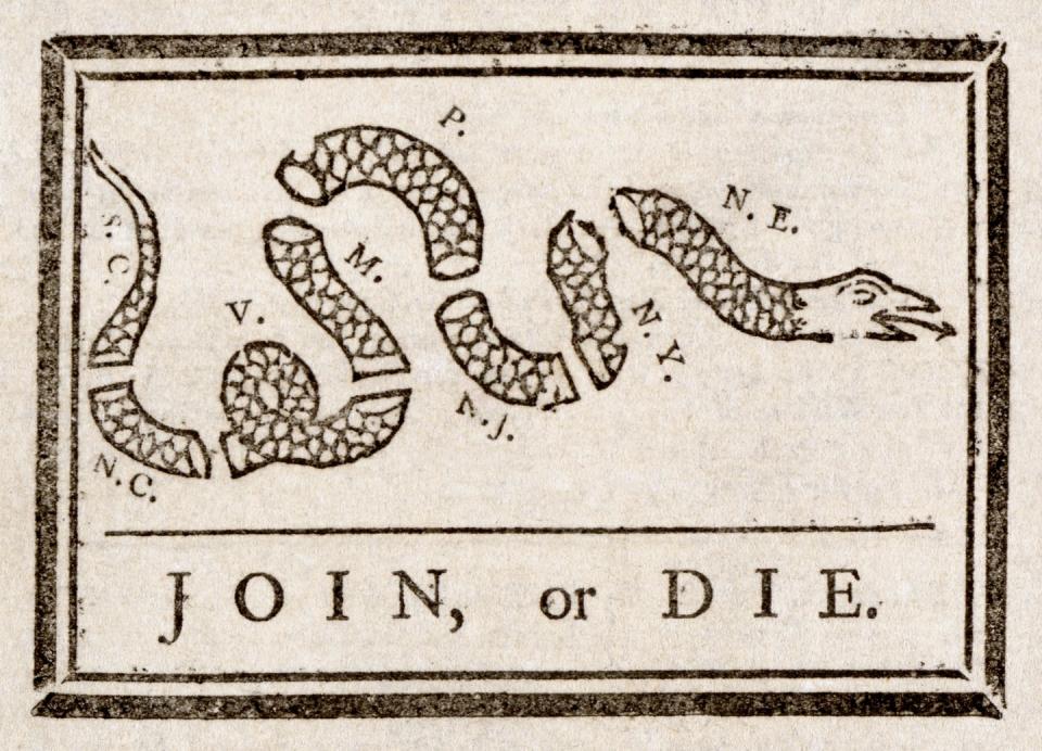 A segmented snake labeled with colonial regions and captioned 'Join, or die.'