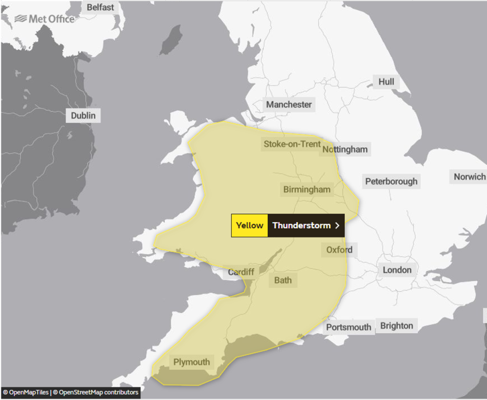 The thunderstorm warning is in place until 10pm (Met Office)