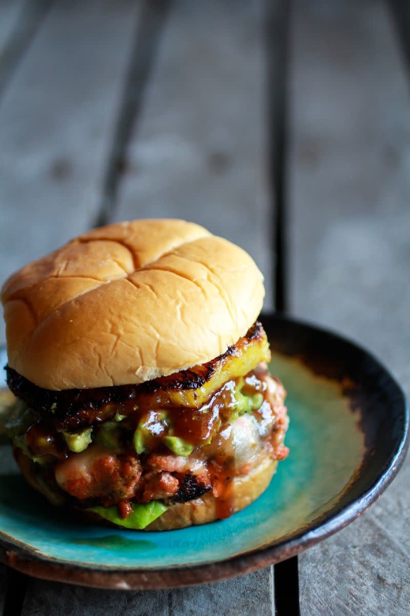 Hawaiian | Main: Hawaiian Barbecue Salmon Burgers with Coconut Caramelized Pineapple