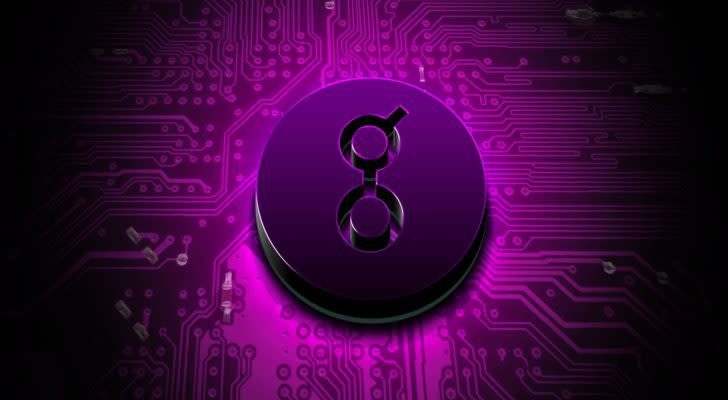 The Golem (GLM) crypto on a purple background.