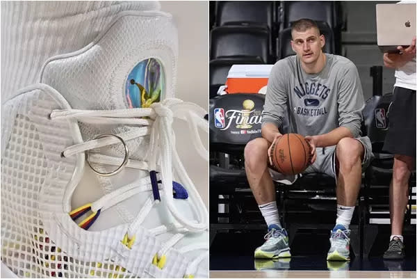 金塊看板球星約基奇（Nikola Jokic）會將婚戒繫在球鞋上。合成照片