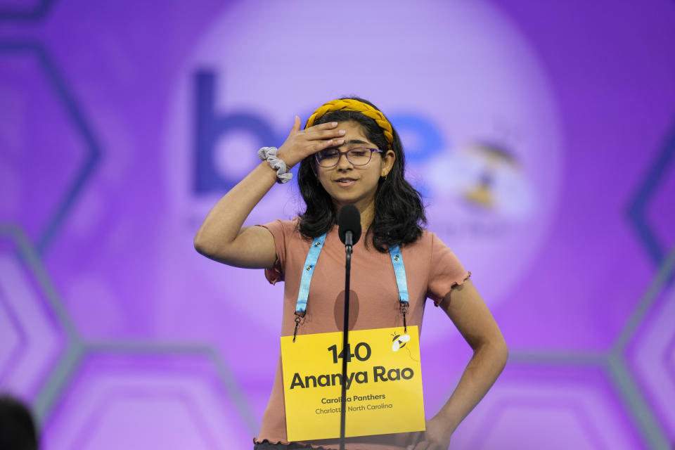 Ananya Rao Prassanna, 12, from Raleigh, N.C., competes during the Scripps National Spelling Bee, Tuesday, May 30, 2023, in Oxon Hill, Md. (AP Photo/Alex Brandon)