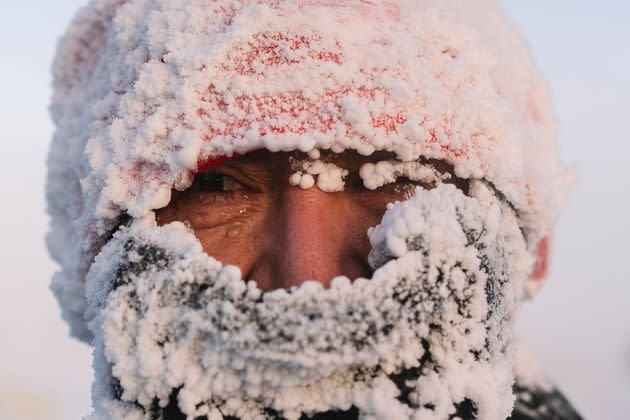 A runner who took part in the world's coldest marathon — at negative 63 degrees Farenheit — in Russia last weekend. Sixty-five runners from around the world started the run in Oymyakon, Yakutia's Pole of Cold.  (Photo: Ivan Nikiforov/AP)