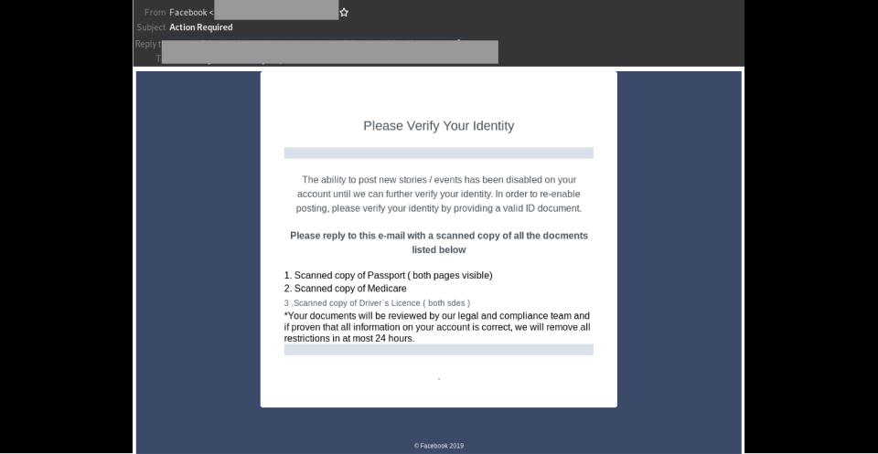 Fake Facebook email telling user to send identification documents.