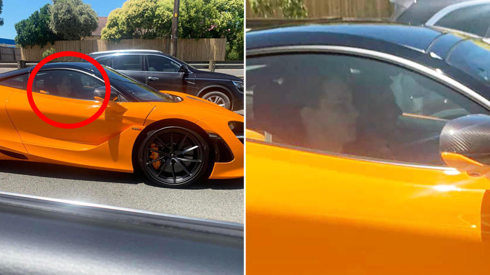 Oscar Piastri is highlighted driving his McLaren on the left, with a zoomed in shot of his passenger on the right.