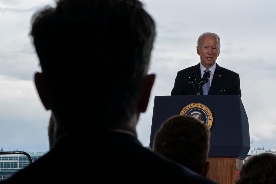 President Joe Biden delivers remarks on infrastructure at the Portland Air National Guard Base April 21 in Portland, Oregon, the beginning of a multi-day tour of the Northwest.