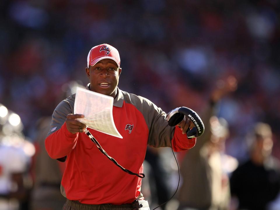 SAN FRANCISCO - NOVEMBER 21:  Head coach Raheem Morris of the Tampa Bay Buccaneers walks the sidelines during their game against the San Francisco 49ers at Candlestick Park on November 21, 2010 in San Francisco, California.  (Photo by Ezra Shaw/Getty Images)