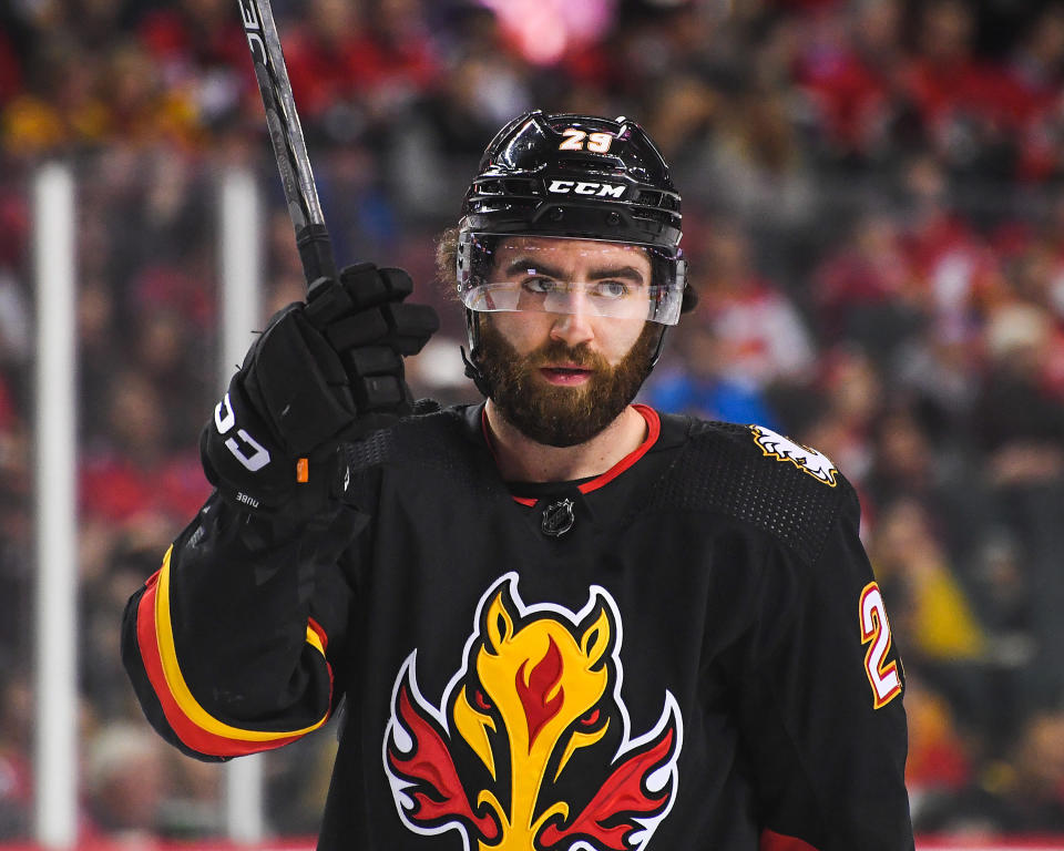 Dillon Dube #29 of the Calgary Flames has fantasy value