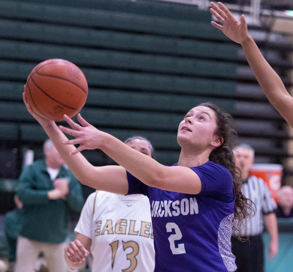 Jackson's Ashley Lahmers, shown here during a game against GlenOak last week, scored 13 points in Monday's win over Louisville.