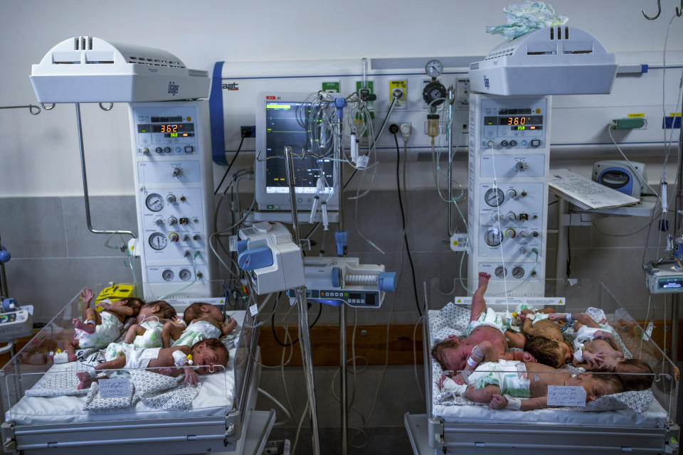 FILE- Premature babies are prepared for transport to Egypt after they were evacuated from Shifa Hospital in Gaza City to a hospital in Rafah, Gaza Strip on Nov. 20, 2023. The war in Gaza has sparked a humanitarian catastrophe that has prompted shortages of the most basic necessities. Among those hardest hit are babies, young children and their parents. That's because diapers and formula are hard to find or have prices that are increased to unaffordable prices. Parents are looking to inadequate or even unsafe alternatives. (AP Photo/Fatima Shbair, File)