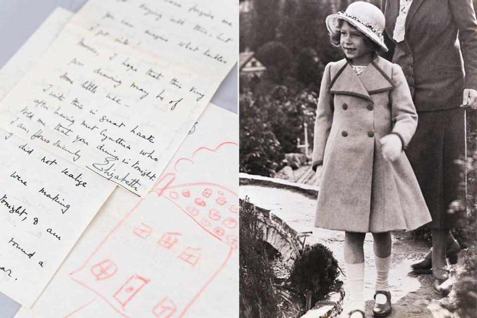 <p>RR Auction; Bettmann/Getty</p> A photo of the Queen Mother letter and sketch believed to be by the future Queen Elizabeth being sold by RR Auction; then-Princess Elizabeth in 1932. 