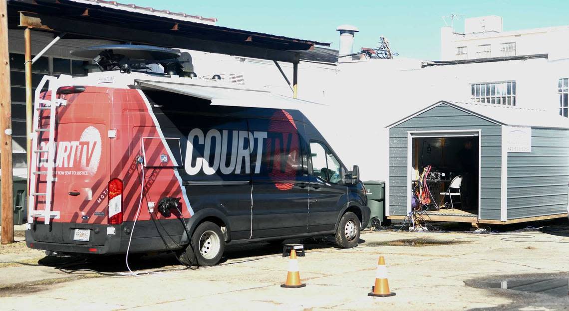 CourtTV, the provider for video during the trial against Alex Murdaugh works out of a temporary building near the Colleton County Courthouse on Monday, Jan. 23, 2022, while jury selection is underway in Walterboro, S.C.