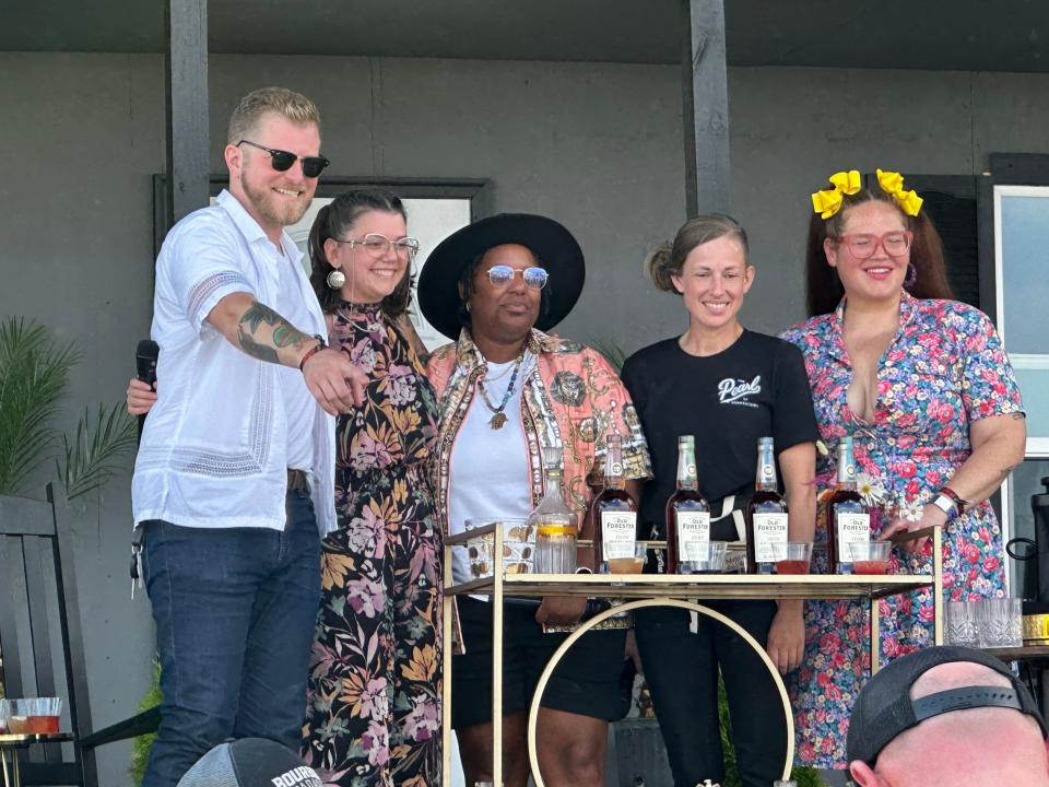 Ian Sulkowski, Brown-Forman Brand Ambassador, left, stands next to (from left) Lili McCabe Lambert, Sherri Jenkins, Susie Hoyt and SC Baker during the “Badass Bartenders and Bourbon” panel at Bourbon & Beyond on Sunday, Sept. 17, 2023, in Louisville.